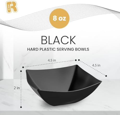 R-kay 6 Pack Square Plastic Serving Bowls - Black Plastic bowls 8 Oz - Disposable Serving Bowls, Disposable Heavy Duty For Weddings Catering And Birthday parties