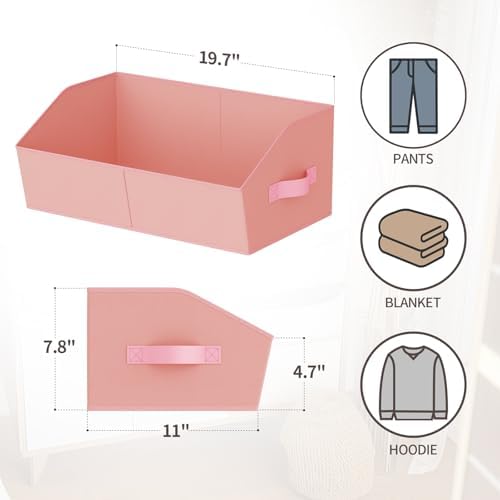 Homsorout Storage Bins for Shelves - Large Trapezoid Closet Shelf Organizer, Fabric Organization Bins with Handles, Storage Baskets for Clothes, Towel, Purse, 4 Pack, Pink