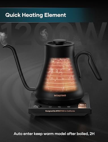 INTASTING Electric Kettle, Gooseneck Electric Kettle, ±1℉ Precise Temperature Control, Stainless Steel Interior, Quick Heating for Pour Over Coffee, Tea & Boiling Water, 0.9L (Black)