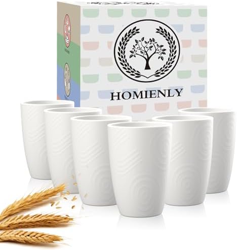 Homienly Kitchen Cups 12 OZ Wheat Straw Drinking Glasses–Unbreakable, Lightweight & Reusable Alternative to Plastic Cups,Dishwasher Safe Cups for Kitchen & Outdoor Use (White, 6 PCS)