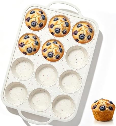 Vinino 1Pack Silicone Muffin Pan for Baking with Metal Reinforced Frame, 12 Cup Regular Size Cupcake Pan, BPA Free Silicone Muffin Tray, Cupcake Baking Pan Molds for Oven Dishwasher Safe - Cream