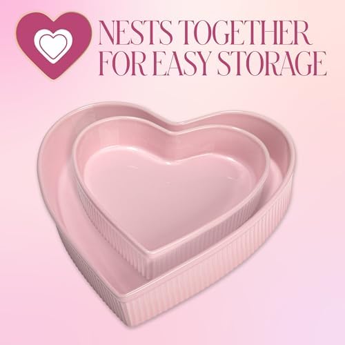 Paris Hilton Heart-Shaped Pie Dish Set, Finely Crafted 8-Inch and 10-Inch Stoneware Baking Dishes with Elegant Fluted Exterior, Nesting Design, Oven Safe up to 450°F, 2-Piece, Pink