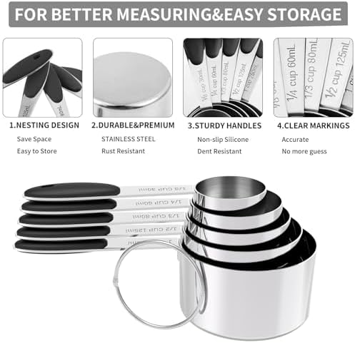 TILUCK Stainless Steel Measuring Cups and Spoons Set with Silicone Handle – Nesting Design for Space-Saving, Heavy Duty & Dishwasher Safe for Dry/Liquid Ingredients, Cooking & Baking (10)