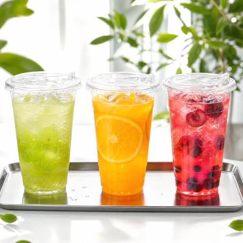 Ginkgo 100 Pack 24 oz Clear Plastic Cups with Strawless Sip Lids