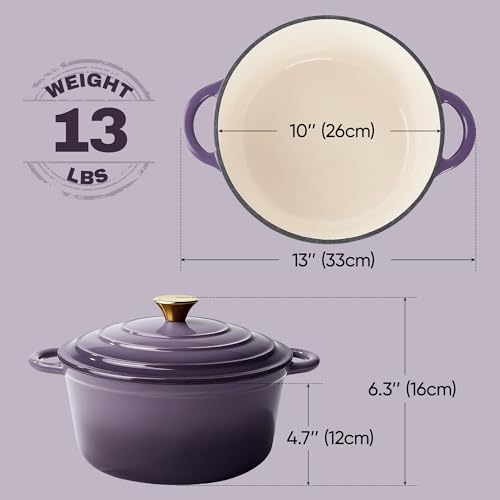 Vintage Style 6 Quart Dutch Oven Pot with Lid, Non Stick Enameled Cast Iron Dutch Oven for Bread Baking, Heavy-Duty, Oven Safe Ceramic Cookware Up to 500°F for Baking, Braising, Stews, Roasting, Purple