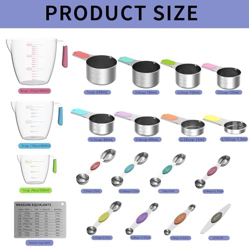 Measuring Cups and Spoons Set for Cooking & Baking, 5 Stainless Steel Magnetic Measuring Cups, 3 Plastic Measuring Cup, 7 Magnetic Measuring Spoons, 1 Leveler, 1 Measuring Conversion Chart