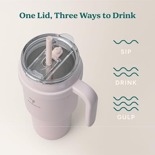 REDUCE Cold1 40 oz Tumbler with Handle - Vacuum Insulated Stainless Steel Water Bottle for Home, Office or Car, Reusable Mug with Straw or Leakproof Flip Lid, Keeps Drinks Cold All Day- Gloss Cotton