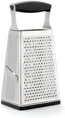 Cuisipro Stainless Steel Cheese Grater with Handle, 4 Sided Box Grater for Kitchen, Ginger Grater Dishwasher Safe, Fruit and Vegetables Slicer, Cheese Shredder for Potato, Chocolate, Parmesan, Ginger