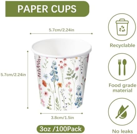 RUSPEPA 3oz Wildflower Paper Cups, 100 Pack Wild Flower Design Disposable Small Party Cup for Bathroom, Mouthwash, Espresso, Wedding, Bridal Shower, Baby Shower, Mother's Day, Garden Party Supplies