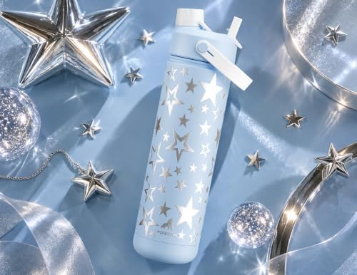 POWCAN 26 oz Insulated Water Bottle with 2-in-1 Straw and Spout Lid, Keep Cold 24H, Leak-Proof, Fits in Car Cup Holder, Stainless Steel Water Bottle for Sports, Travel, Gym, and School (Silver Sky)