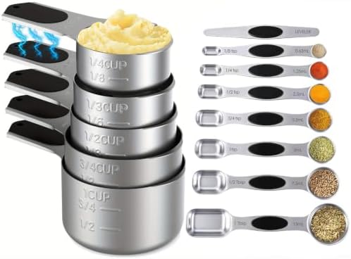 Magnetic Measuring cups and spoons Set, 304 Stainless Steel 5 Magnetic Measuring Cup and 8 Double Sided Measuring Spoons with 1 Leveler，Kitchen Gadgets for Cooking & Baking
