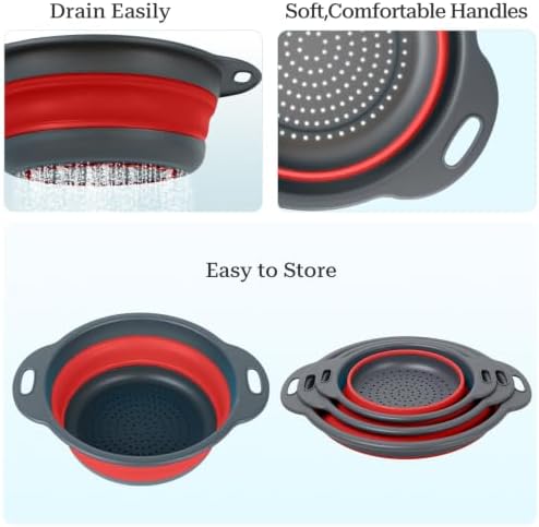 Red Collapsible Colander Set - 3 Pack Kitchen Silicone Strainers