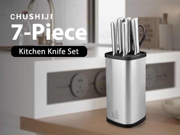 CHUSHIJI 6-Piece Silver Kitchen Knife Set | One-Piece Stainless Steel, Ultra-Sharp, Anti-Rust, Ergonomic Grip Knives with Universal Knife Block for Home Cooks & Beginners (silver)