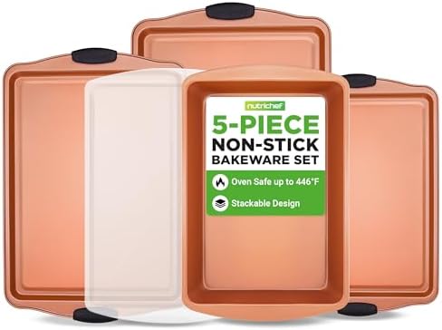 NutriChef 5‑Piece Non‑Stick Bakeware Set – Premium Carbon Steel Baking Pans Set with Silicone Handles, Stackable Oven Pan Set for Cookies, Sheet Cakes, & Roasting
