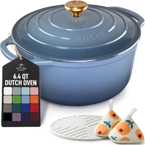 Zulay Kitchen 6.4QT Enameled Cast Iron Dutch Oven Pot with Lid, Heavy-Duty Soup Pot for Stews, Braising, Roasting & Sourdough Bread Baking, Oven Safe up to 500°F - Aquamarine
