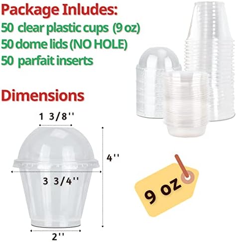 Aatriet 9 oz Clear Plastic Parfait Cups with Insert and Dome Lids No Hole - (50 Sets) Yogurt Fruit Parfait Cups for Kids, for Dips and Veggies, Take Away Breakfast and Snacks. No Leaking