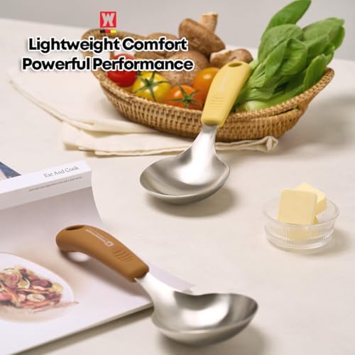 Short Stainless Steel Ladle 220mm (8.6”) – SUS304 Thick Deep Bowl Head with Soft-Grip Silicone Handle – Lightweight Mini Soup & Serving Spoon for Cooking – 5 Color Options (Yellow)