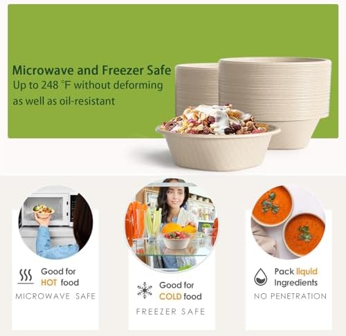 24 Oz Disposable Bowls, [100 Pack] Paper Bowls Disposable - Heavy Duty and Eco-friendly Sugarcane and Bamboo Bagasse Biodegradable Bowls for Cereal, Rice, French Fries - Convenient and Compostable