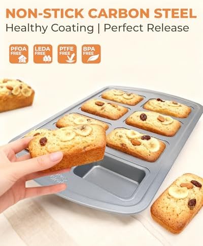 Bake Choice Mini Loaf Pan, 8-Cavity Non-Stick Carbon Steel Baking Pans Set