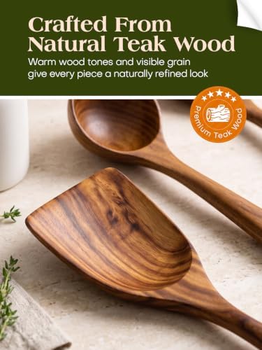 AIUHI Wood Utensils Set for Cooking, Teak Wooden Utensils Set Wood Spatula for Nonstick Cookware Kitchen Utensils Set 5