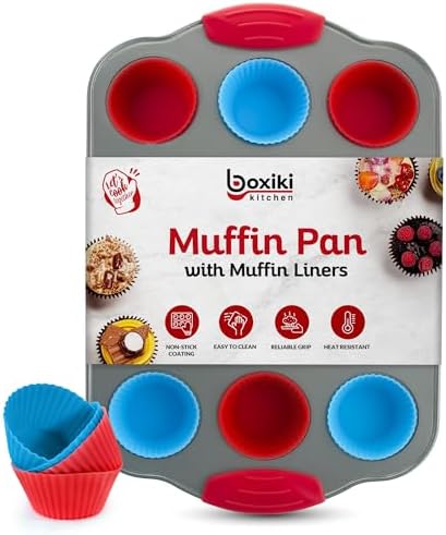 Boxiki Kitchen 12 Cup Mini Muffin Pan with Silicone Muffin Liners. Professional Cupcake Pan for Baking Muffin Mold, Mini Muffin Tin Non-Stick Steel Bakeware