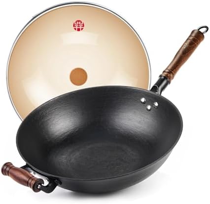 WANGYUANJI 12.6" Cast Iron Wok with Glass Lid, Flat Bottom