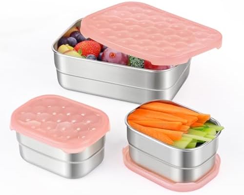 Tanjiae Small Stainless Steel Lunch Containers for Kids | Leak Proof Snack Containers with Silicone Lids - Perfect Metal Lunch Box with Lids for School and Daycare (25oz+8oz*2)