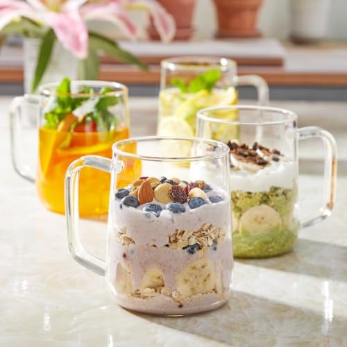 Large Glass Coffee Mugs, 24 oz Glass Coffee Cups Set of 4, Clear Borosilicate Glass Mugs with Handles for Cappuccino, Tea, Latte, Hot/Cold Beverages, Wine, Americano, Smoothies