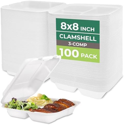 Freshware Clamshell Food Containers with Lids [8x8"] 3-Compartment 100-Pack, Disposable To Go Containers, Biodegradable Sugarcane To Go Boxes - Paper Container - Microwave & Freezer Safe, Stackable