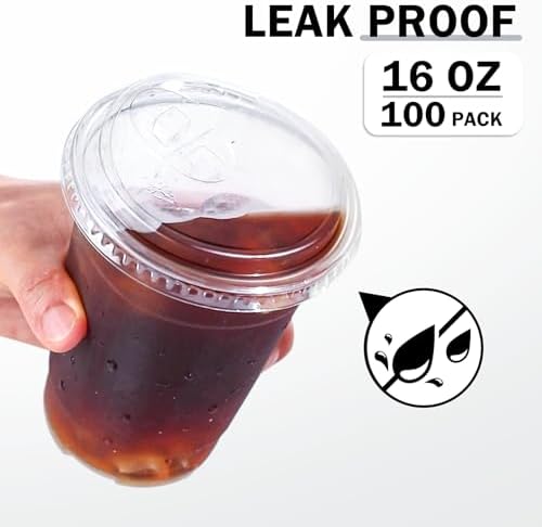 BYSNOW 100 Pack 16 oz Clear Plastic Cups with Sip Lids, Iced Coffee Cups