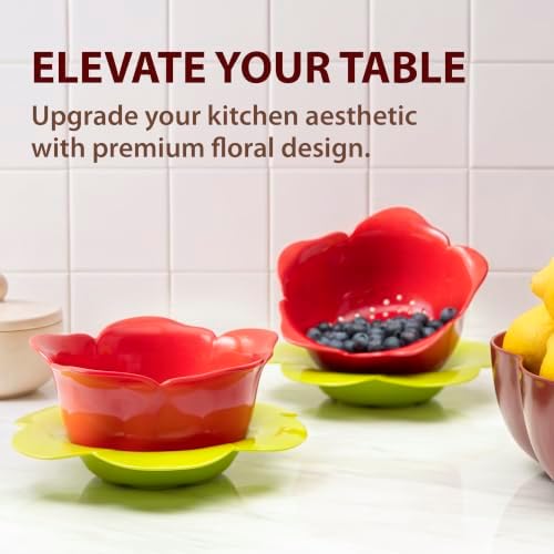 bzyoo 4 PC Drain & Serve Berry Rose Shape Bowl Set Colander w/Saucer Plate