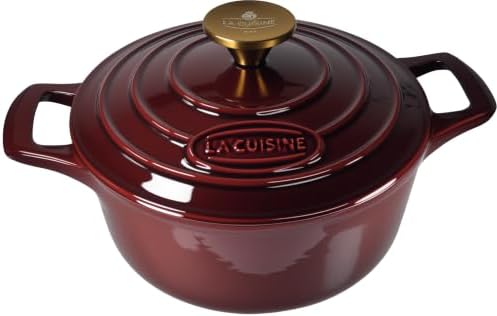 La Cuisine Enameled Cast Iron Dutch Oven Casserole Pot with Golden handle for Lid, Internal Matte Black Enamel Coating 2.1QT 10.5" / 20cm Ø, Oven-Safe 550°F/276°C Cranberry