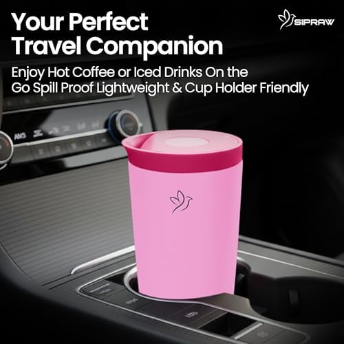 12oz Travel Coffee Mug with Lid | Insulated Stainless Steel Tumbler for Hot & Cold Drinks | Leakproof, Reusable, BPA Free, Dishwasher Safe, Cup Holder Friendly, Pink