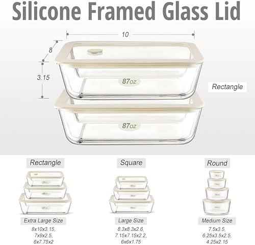 Urban Green Glass Food Container Set with Glass Lid, Large Meal Prep Container Set, Airtight Food Storage Containers with Air Vent Lid, 2 Pack, Large, 87oz, LeakProof, 100% Plastic Free, White color,