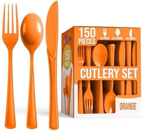 Party Solids Orange Plastic Silverware 150 Pcs Orange Cutlery Set