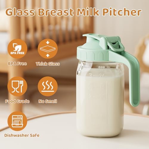 32 oz Breast Milk Pitcher, Glass Mason Jar Pitcher with Lid