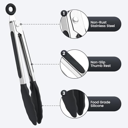 6PCS 7-Inch Silicone Tongs Set, Stainless Steel Tongs with Silicone Tips
