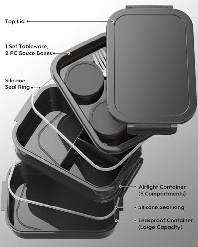 Adults Bento Box with Insulated Lunch Bag, 74oz Capacity 3 Stackable Leak-Proof Bento Box Built-In Utensil and Sauce, PFAS & BPA-Free, Microwave & Dishwasher Safe (Astral Black)