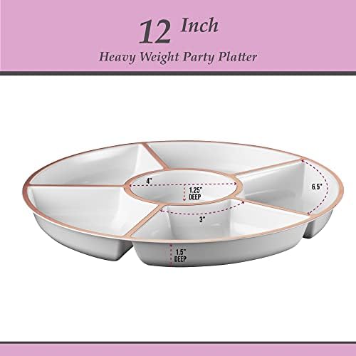 Plasticpro 6 Sectional Round Plastic Serving Tray/Platter (2, White & Rose Gold)