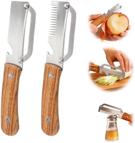 Multifunctional Vegetable Peeler, 3 in 1 Julienne Peeler with Wooden Handle, Vegetable Shredder with Bottle Opener for Peeling Veggie Fruit Pineapple Pumpkin Carrot(2 Pack)