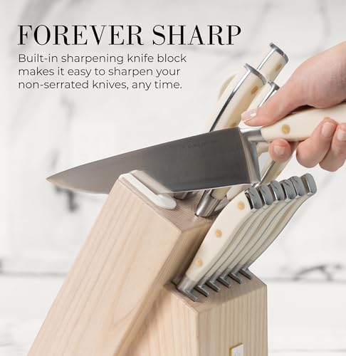 Styled Settings White Knife Set with Block and Sharpener, 14-Piece