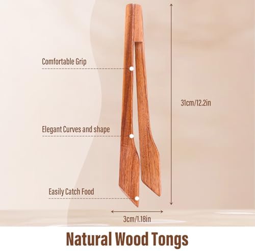 AIUHI Natural Teak Wooden Tongs for Cooking 12.2 * 2.4in