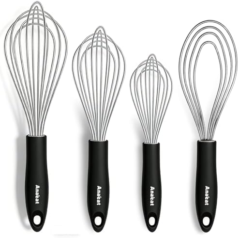 Anaeat Stainless Steel Kitchen Whisk Set of 4, Milk and Egg Beater Blender with Thick Wire for Whisking, Cooking, Baking, Beating and Stirring - 11'' Flat Whisk and 9''+11''+12'' Balloon Whisks