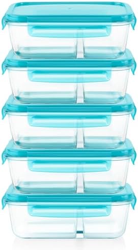 Pyrex Glass Meal Box (5-Pack, 4 Cup) Divided Compartments, Locking Lids