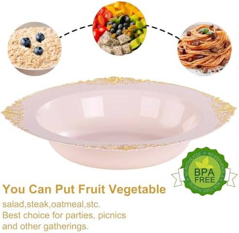 Nervure 50PCS Pink Plastic Bowls with Gold Rim - 12oz Disposable Soup Bowls