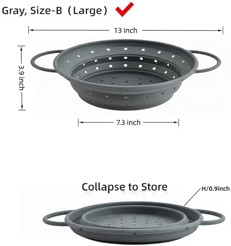 Collapsible Silicone Colander with Handles, Round Strainer with Stainless Steel Rim, Space Saving Kitchen Tool for Fruits & Vegetables,BPA-Free,Heat-Resistant Pasta Drainer(Gray, L)