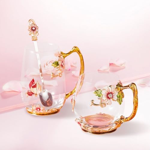 Flower Tea Cup,Clear Glass Fancy Coffee Mug with Spoon,Gift Box for Her Mom Wife Grandma Girls Friends Valentines Christmas Birthday Present Idea for Juice Milk Hot And Cold Drinks Use