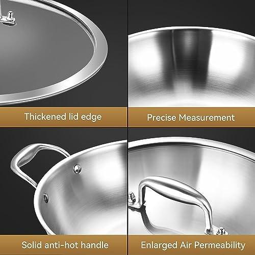 LOLYKITCH 11-Inch Stainless Steel Wok with Lid | 3.5-Quart | Dual Handles