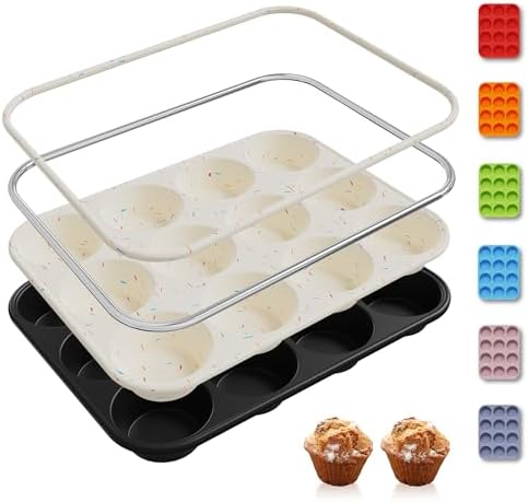 2 Pack 12 Cups Silicone Muffin Pan with Metal Reinforced Frame Regular Size Silicone Molds Cupcake Cake Baking Pans Cookie Baking Chocoflan Cupcake Mold Not Stainless Steel Ceramic Aluminum