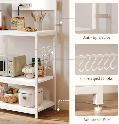 SUPERJARE Bakers Rack with Power Outlets, Microwave Stand, 31.5 X 16.5 Inch Larger Desktop, Kitchen Storage Rack with Adjustable Middle Shelf, 6 S-Shaped Hooks, Coffee Bar Stand, White